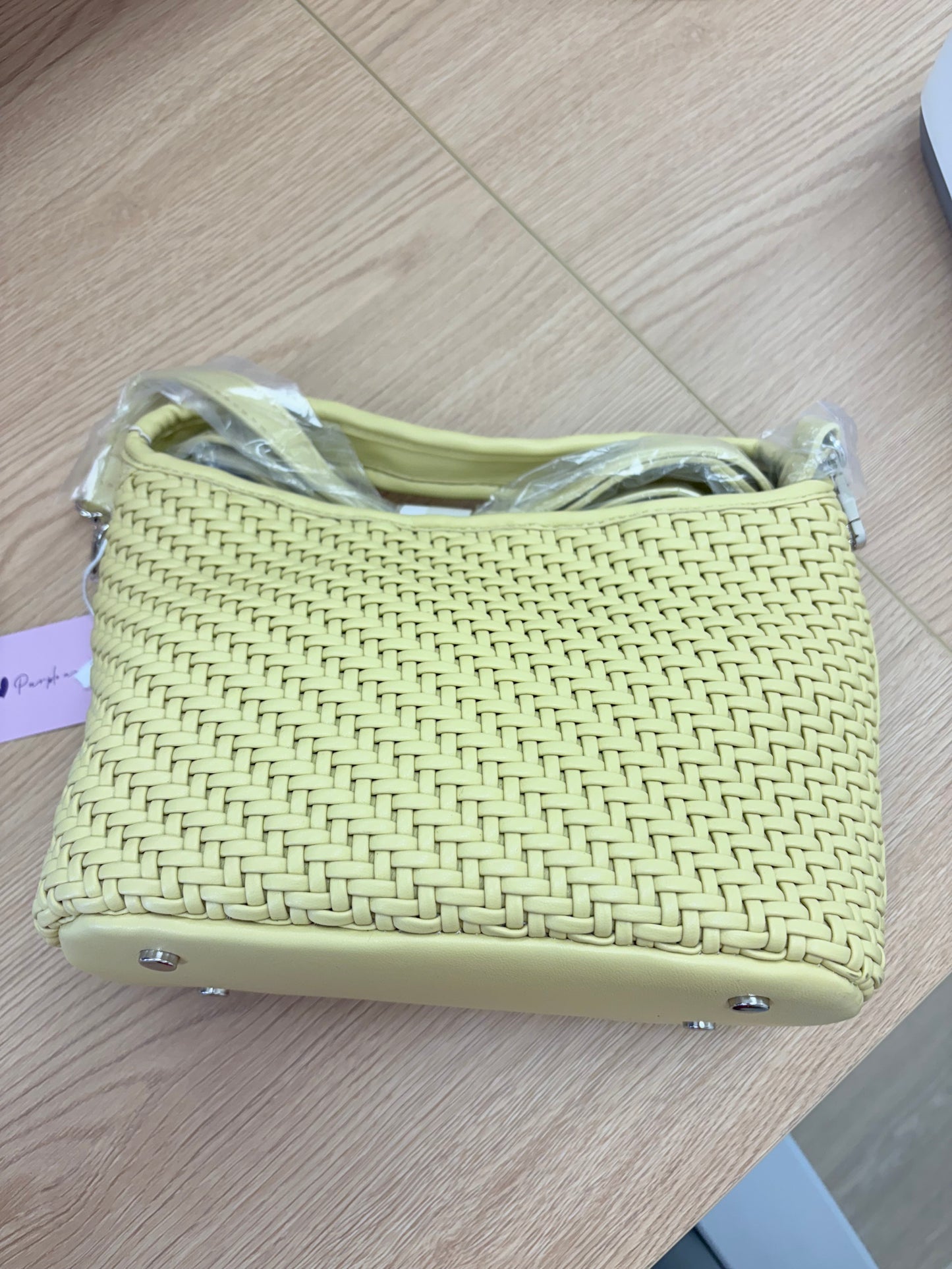 Pale Yellow Woven Faux-Leather Shoulder Bag