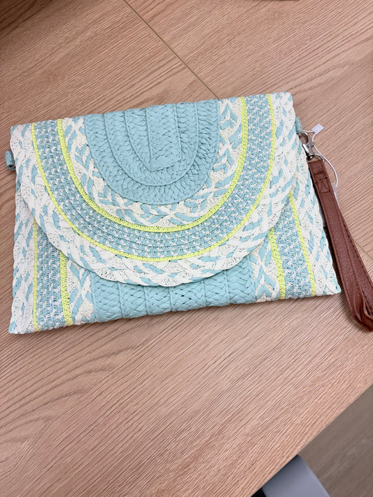 Light Blue and White Woven Straw Wristlet Clutch