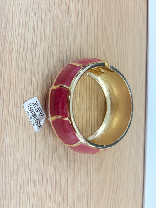 Wide Pink Enamel & Gold Hinge Cuff