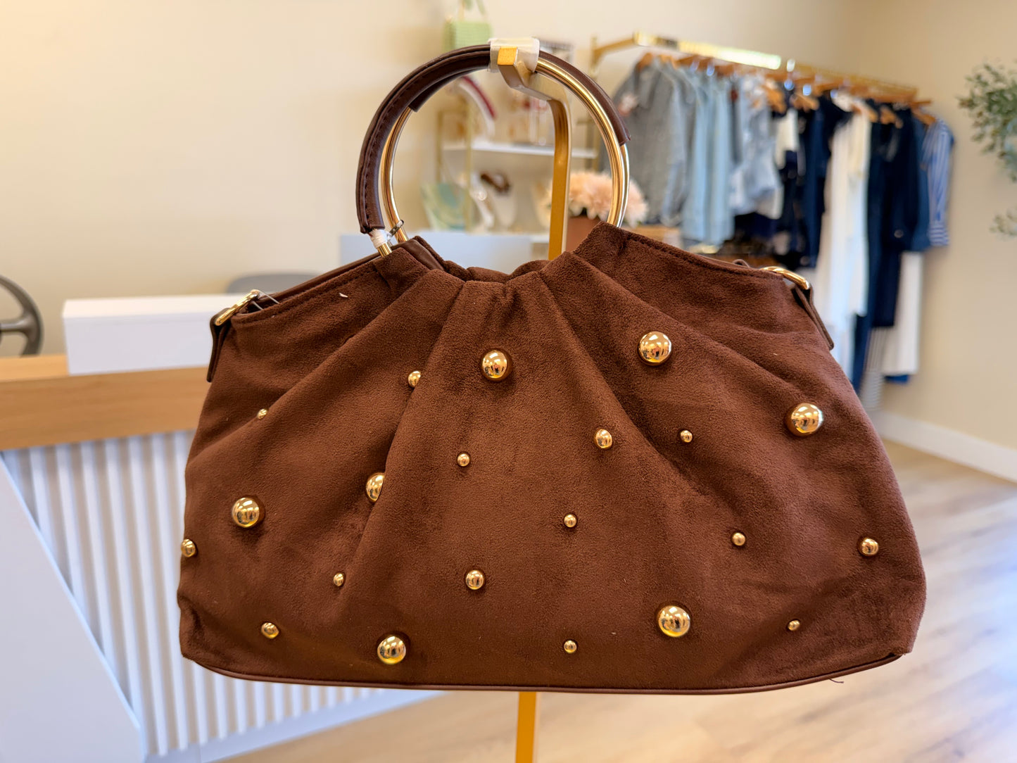 Brown Suede Studded Handbag