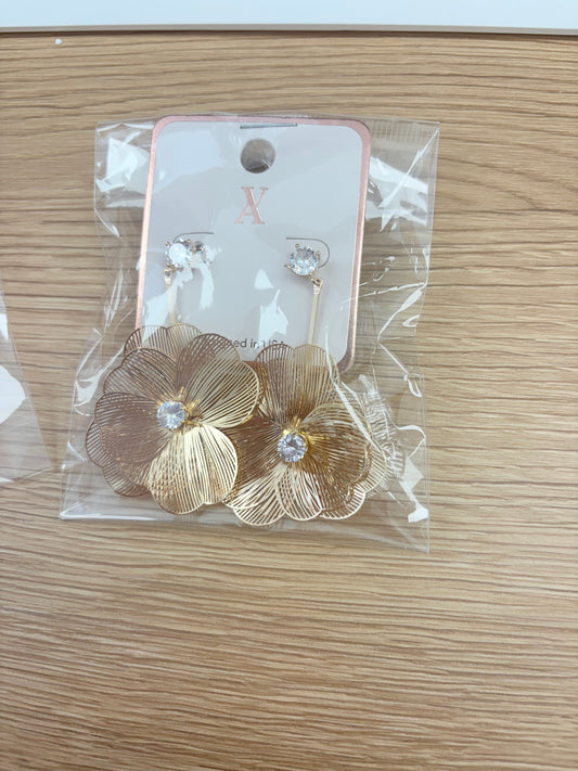 Golden Flower Drop Earrings with Crystal Accents