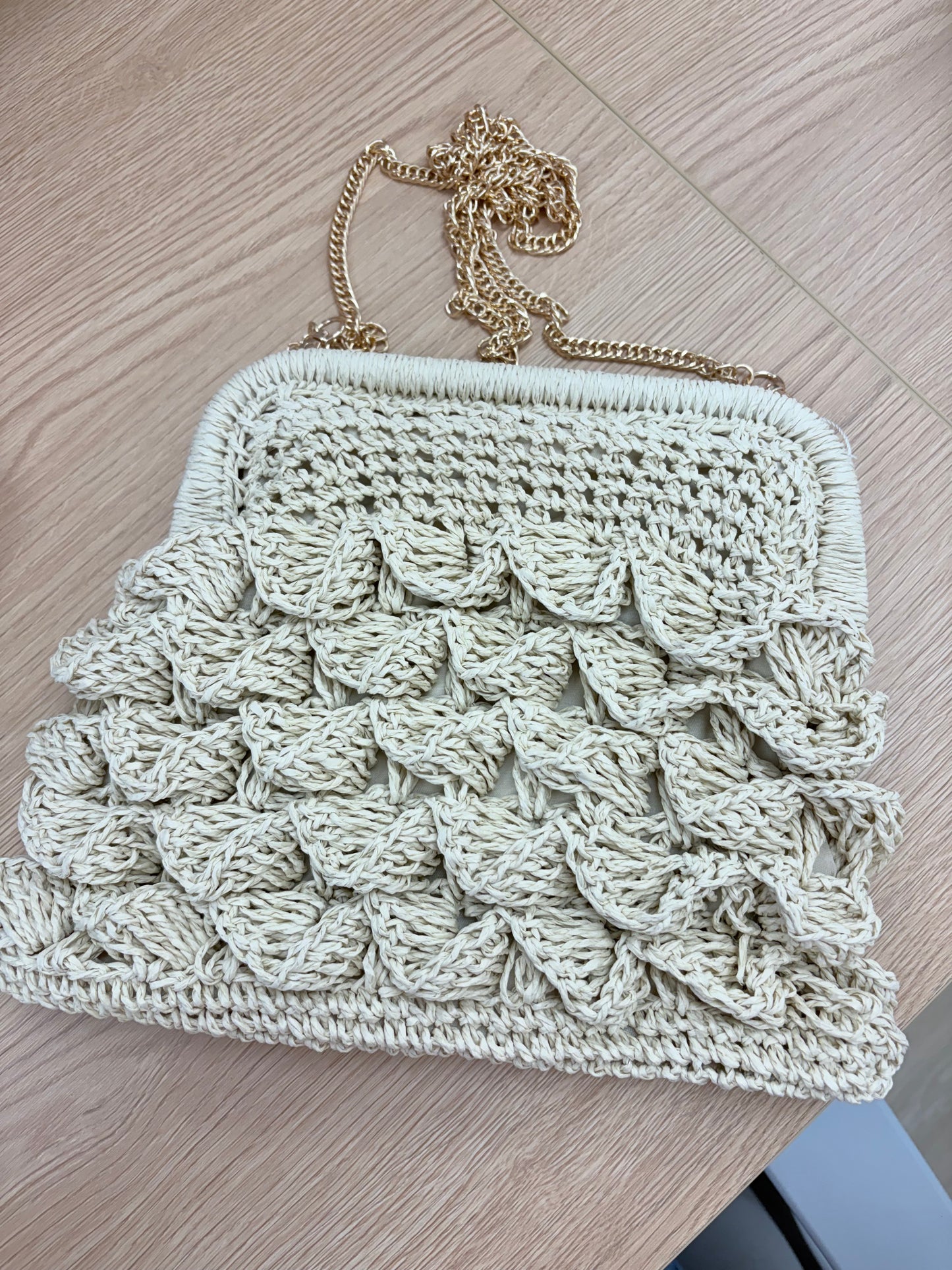 Cream Scalloped Crochet Handbag with Gold Chain Strap